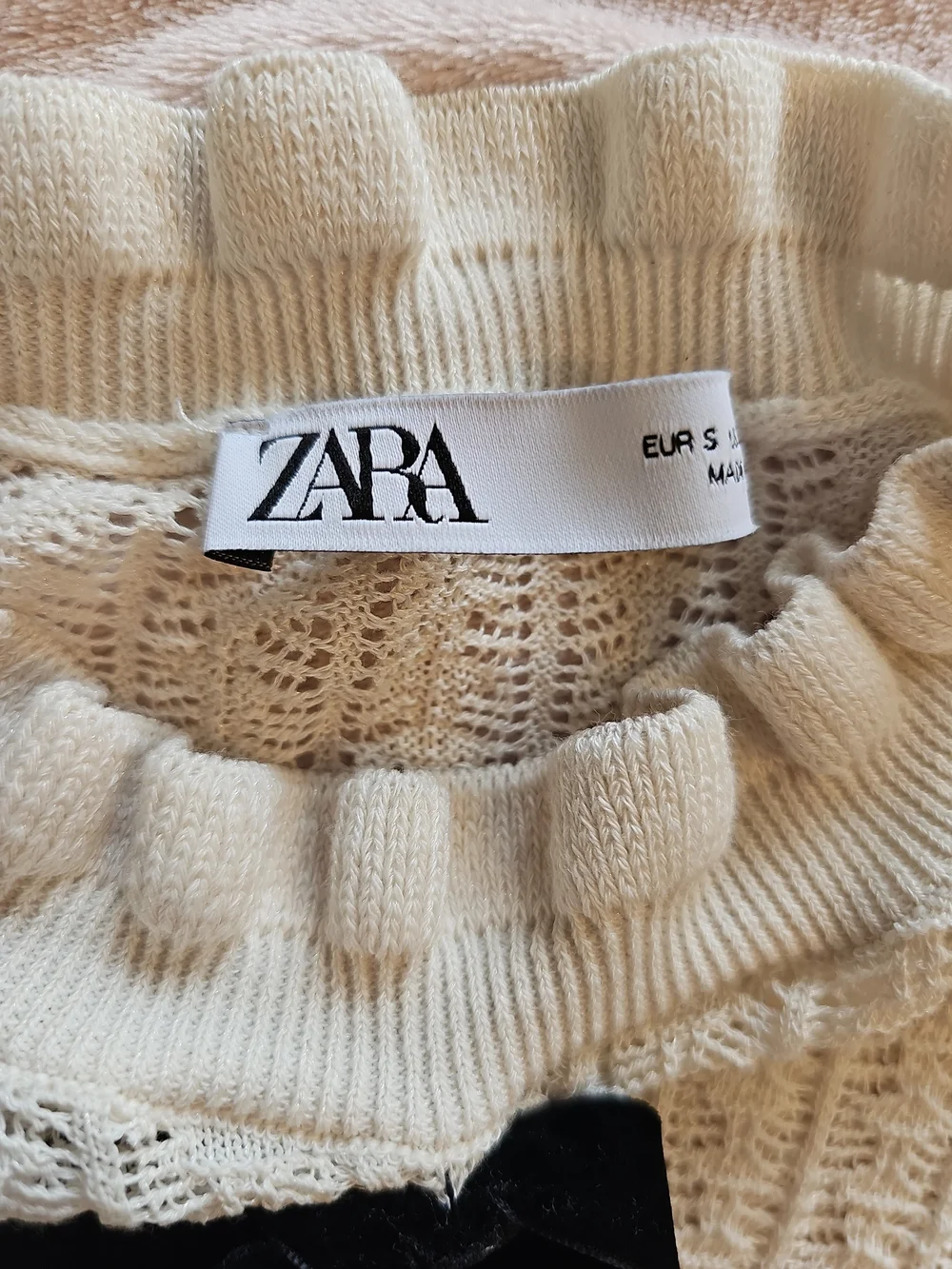 Zara Cream Knit Ruffle Sweater with Black Bow